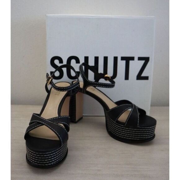 Schutz Women's Sz 8.5B Black Leather Keefa Casual Platform Sandals - Picture 1 of 12